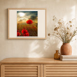 Red Flowers and Sunlight artwork displayed in a warm interior