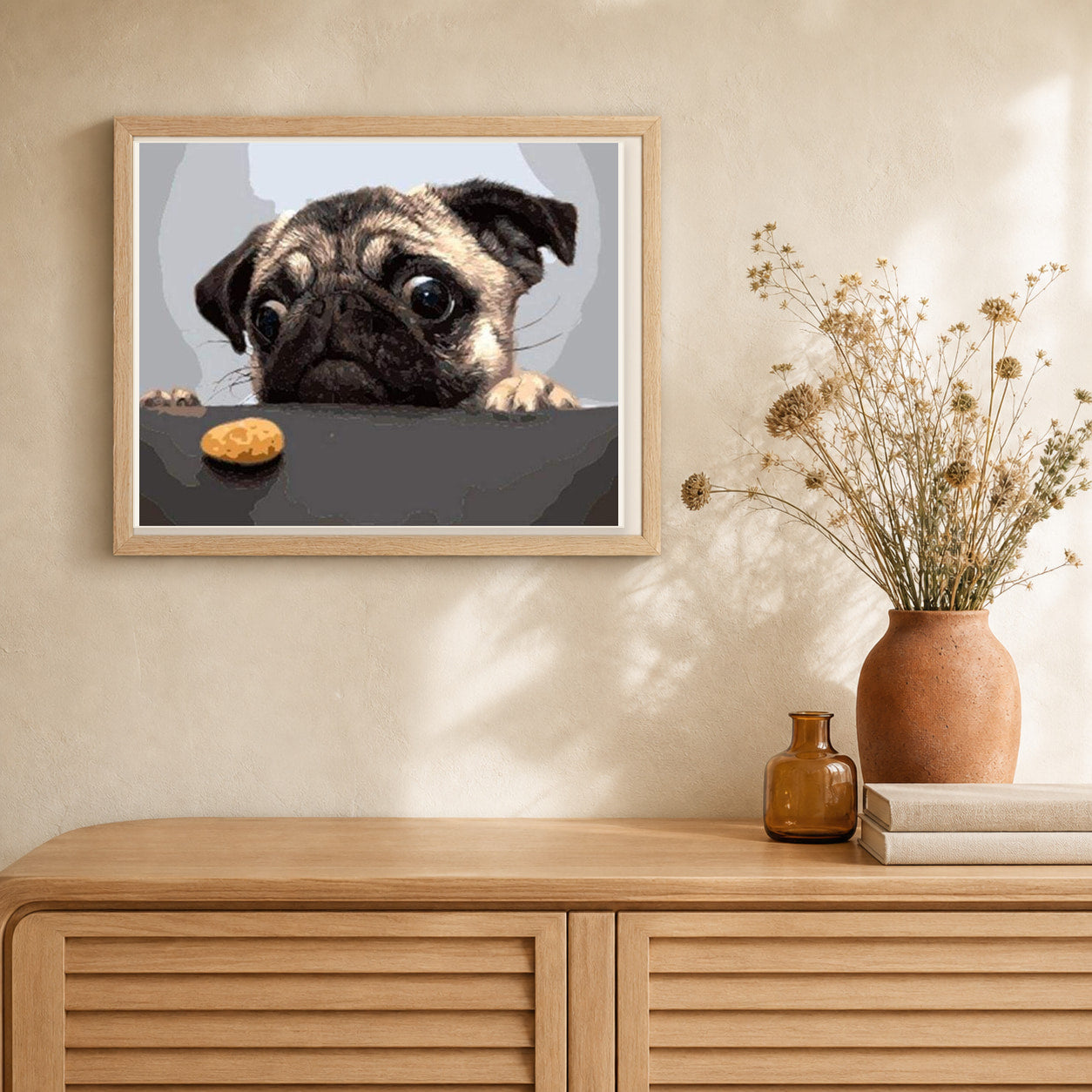 Pug Dog artwork displayed in a warm interior