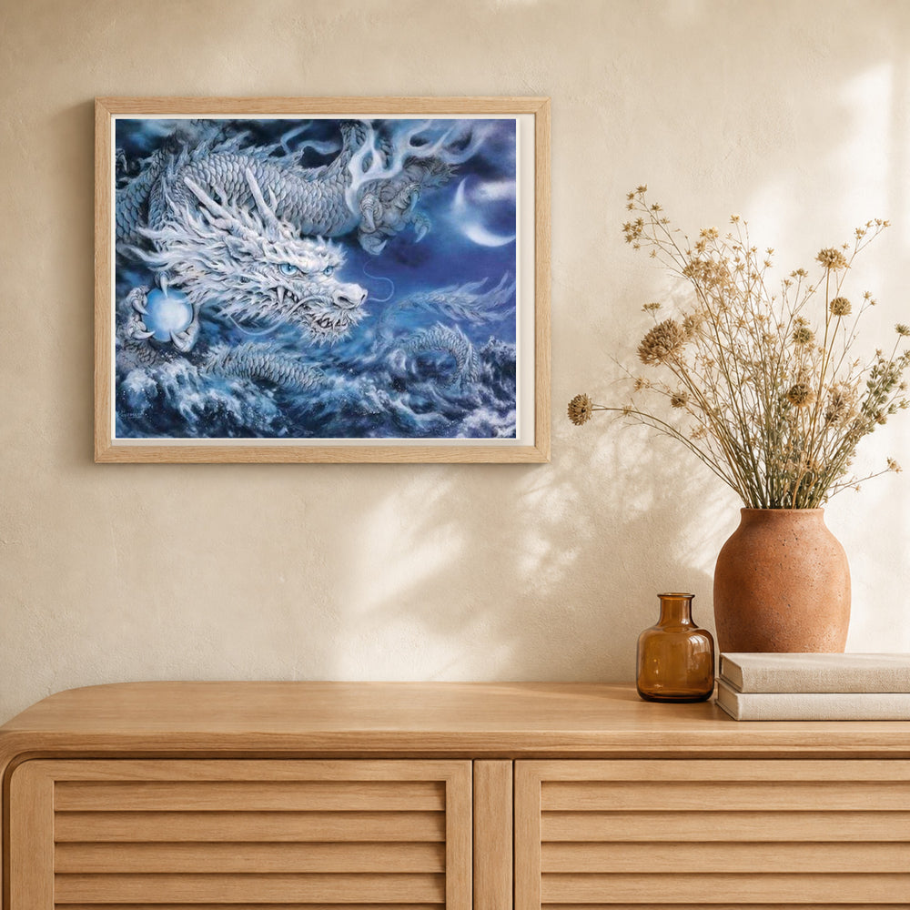 Ice dragon artwork displayed in a warm interior