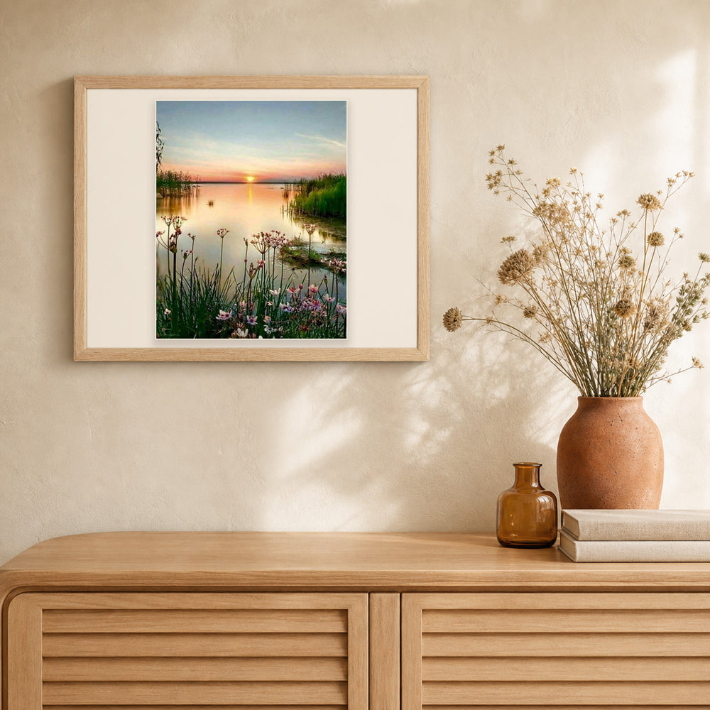 Peaceful Lake artwork displayed in a warm interior