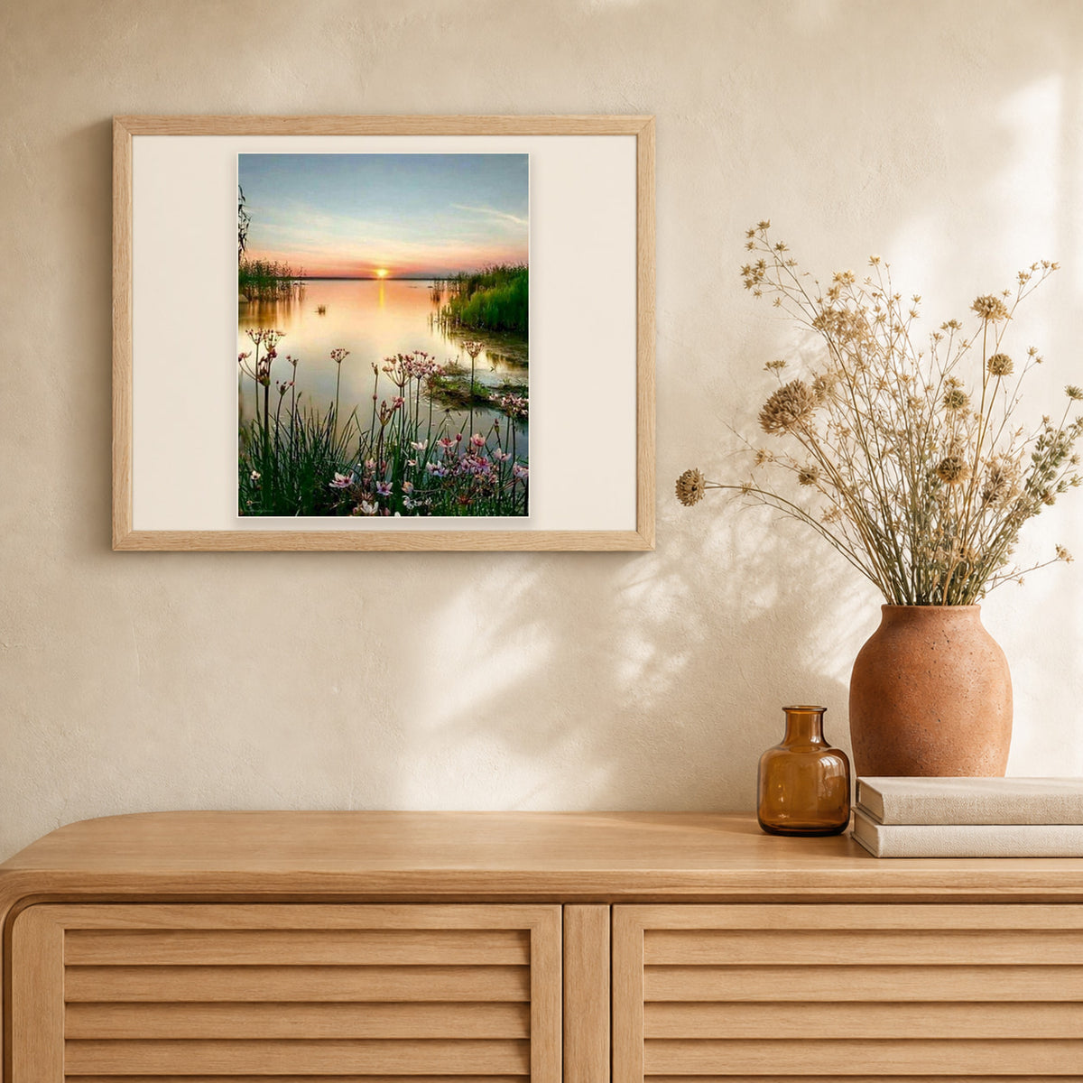 Peaceful Lake artwork displayed in a warm interior