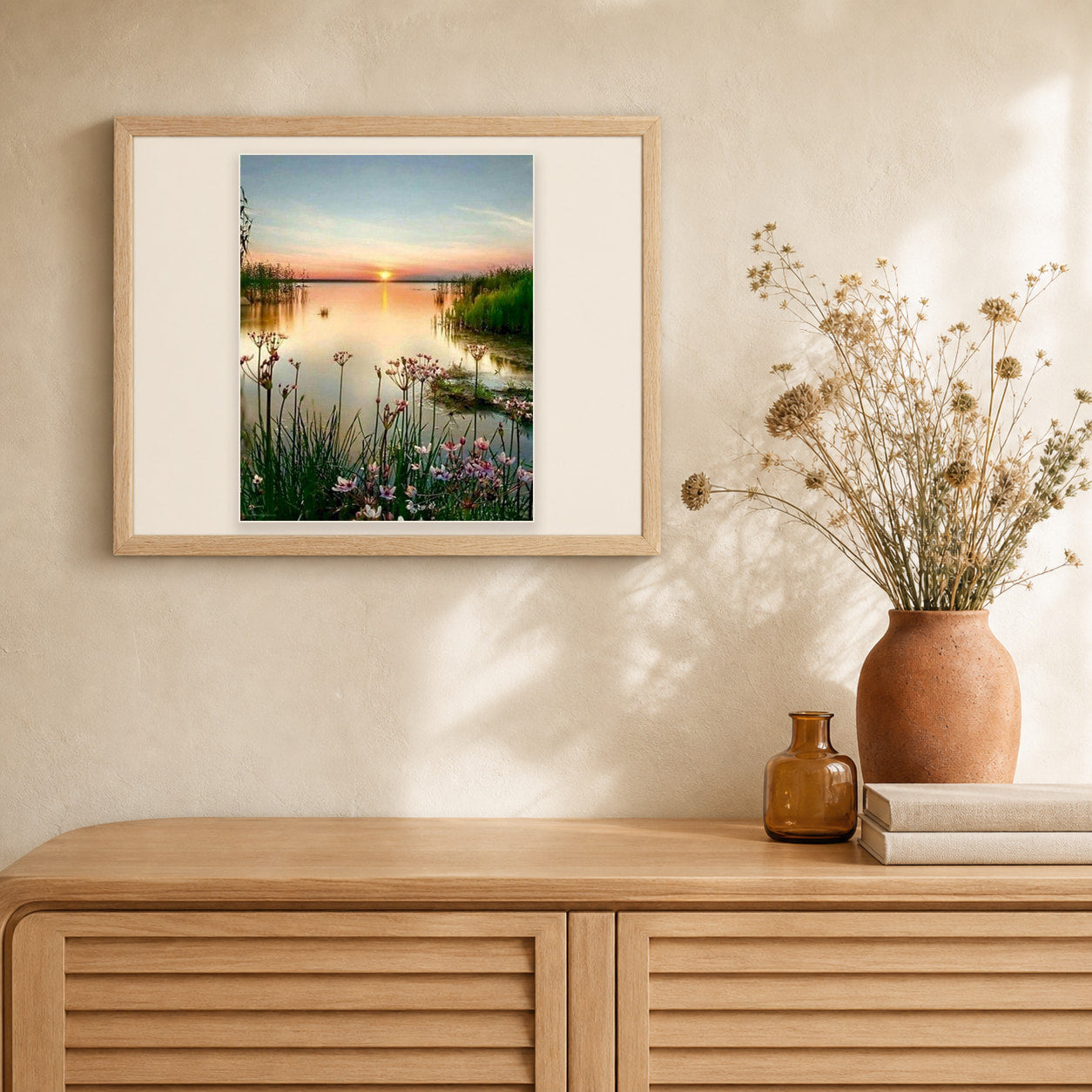 Peaceful Lake artwork displayed in a warm interior