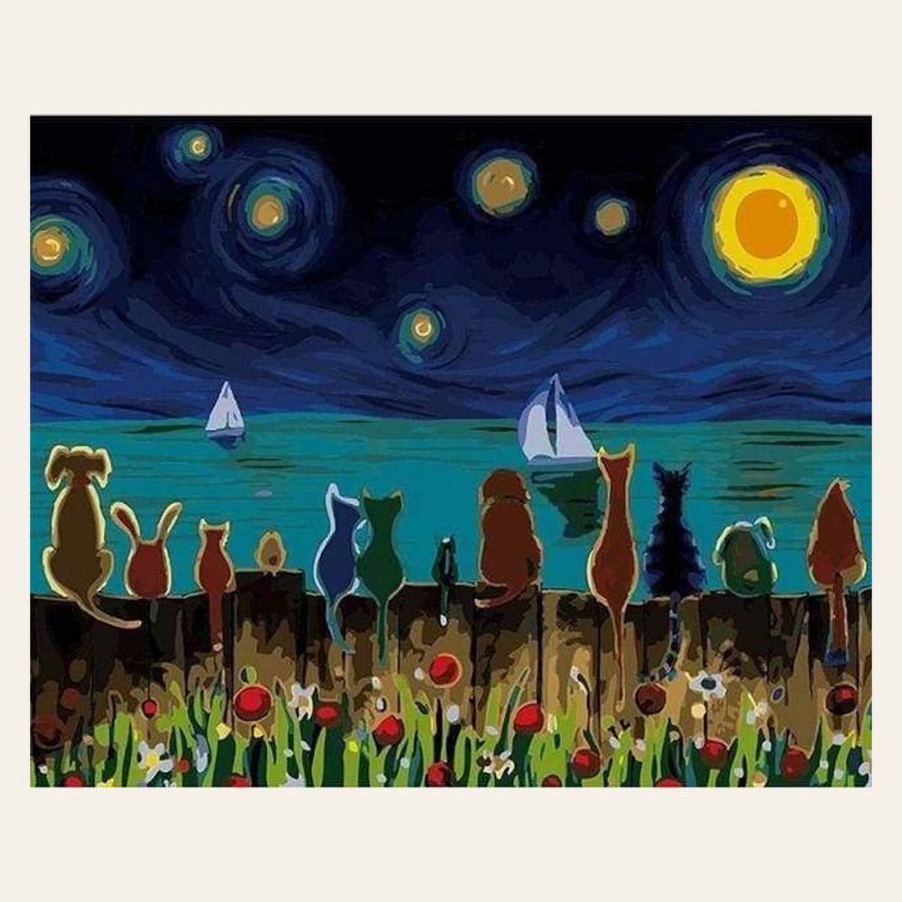 Starry Night with Animals finished paint by numbers artwork