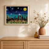 Starry Night with Animals artwork displayed in a warm interior
