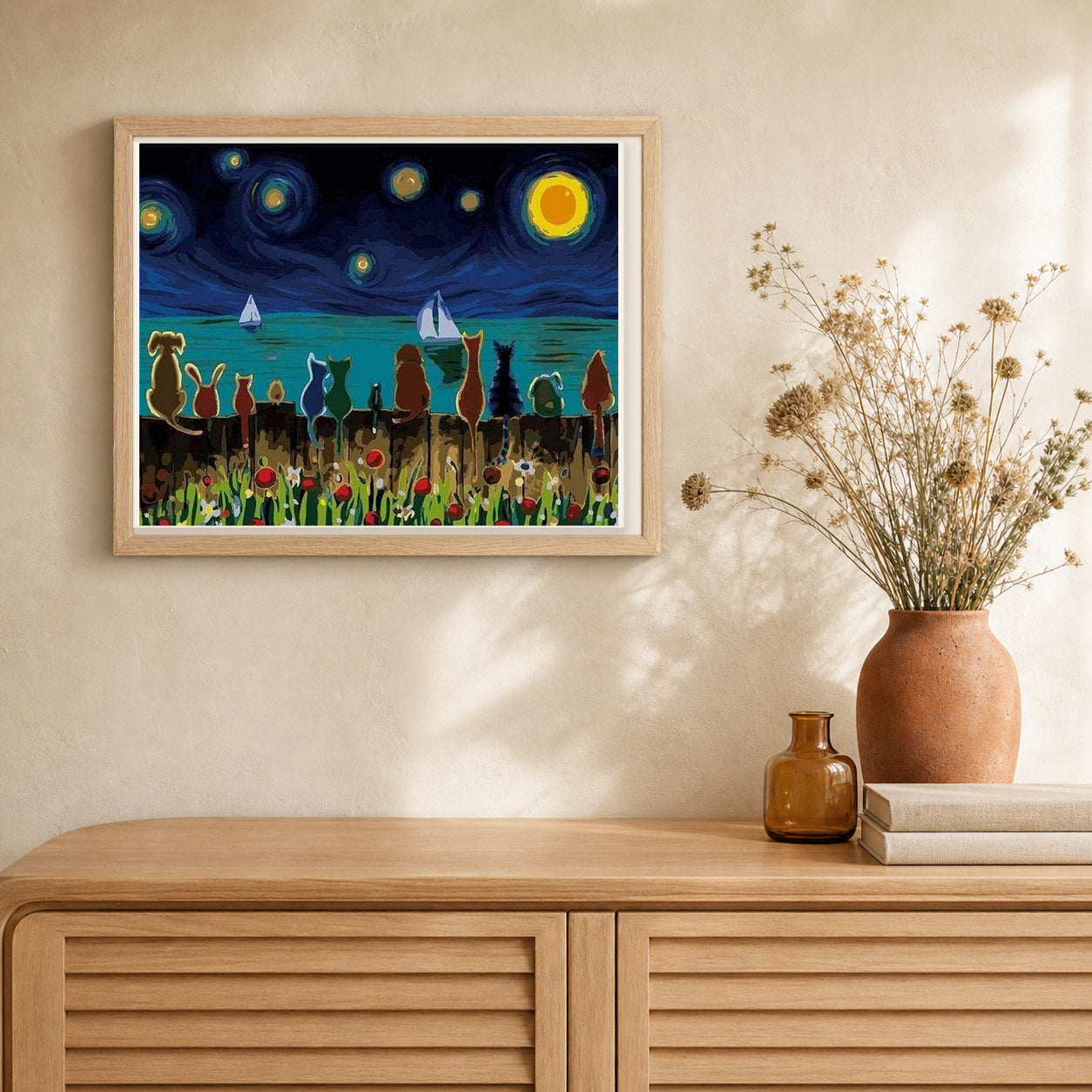 Starry Night with Animals artwork displayed in a warm interior