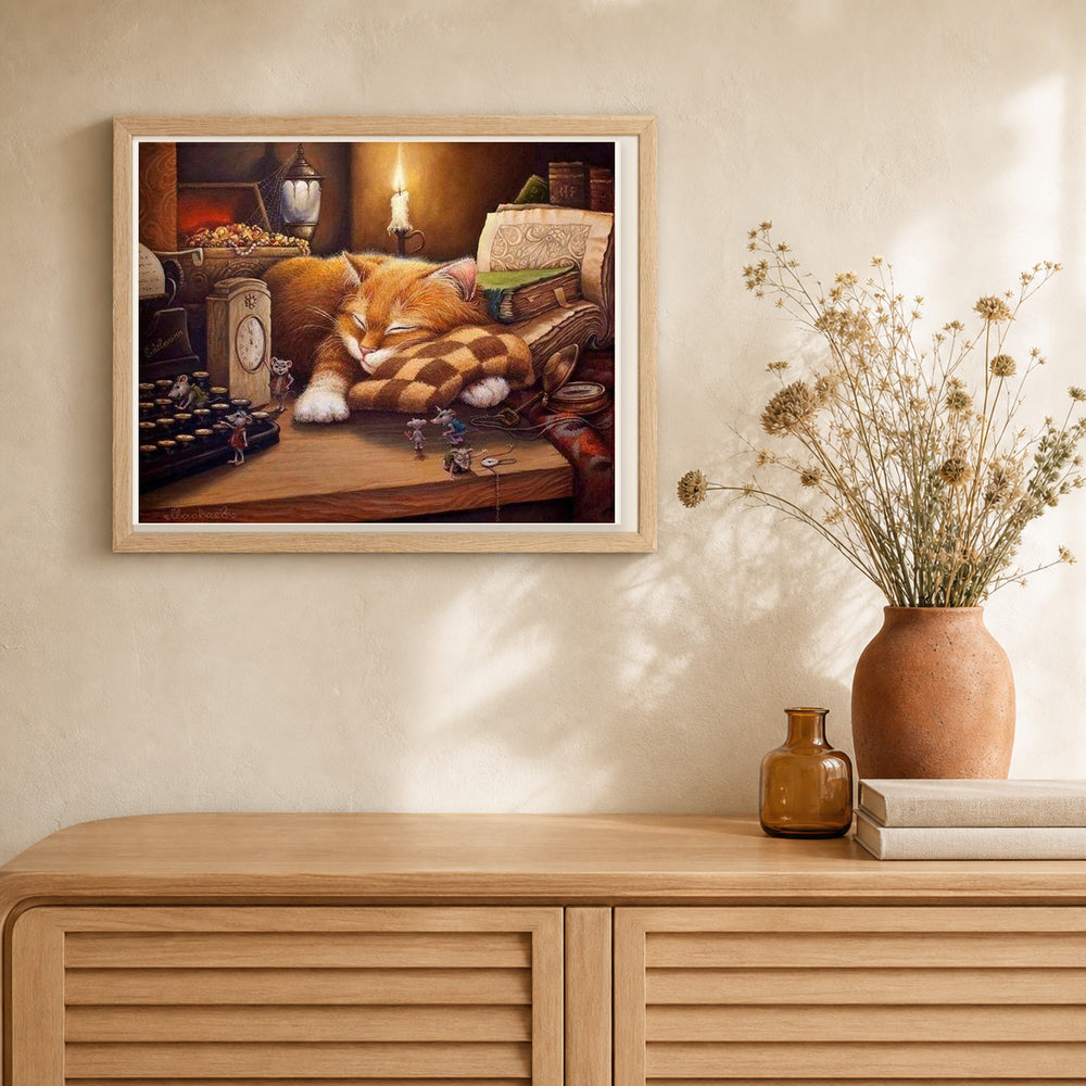 Lazy cat artwork displayed in a warm interior