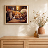 Lazy cat artwork displayed in a warm interior