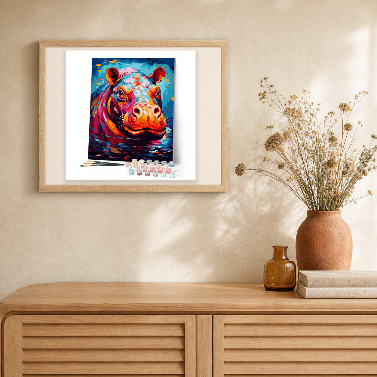 Colorful Abstract Hippo artwork displayed in a warm interior
