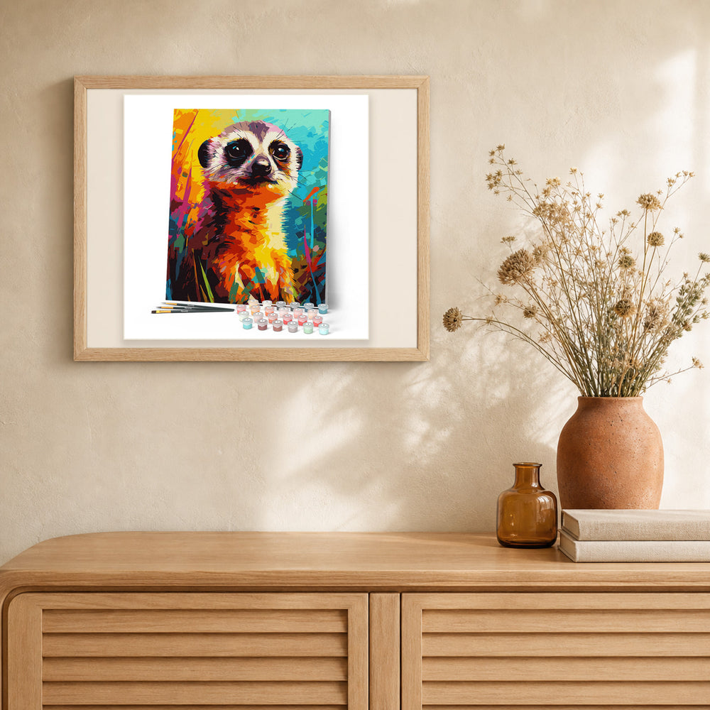 Colorful Abstract Meerkat artwork displayed in a warm interior