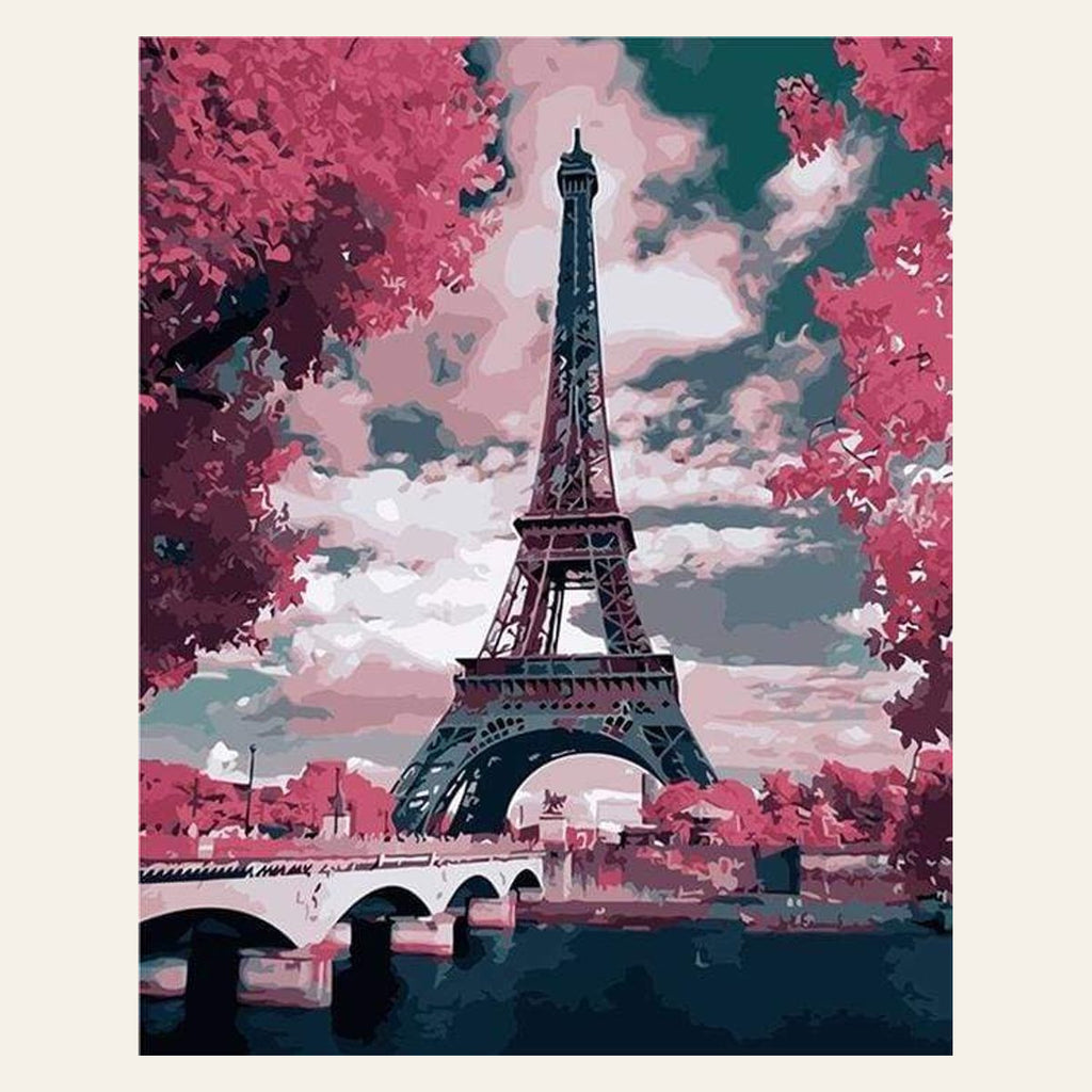 Eiffel Tower in Spring Pink Colors finished paint by numbers artwork
