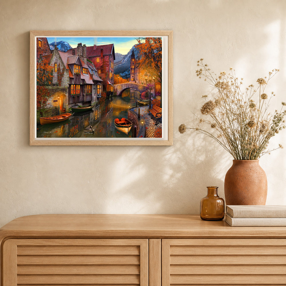 Warm canals artwork displayed in a warm interior