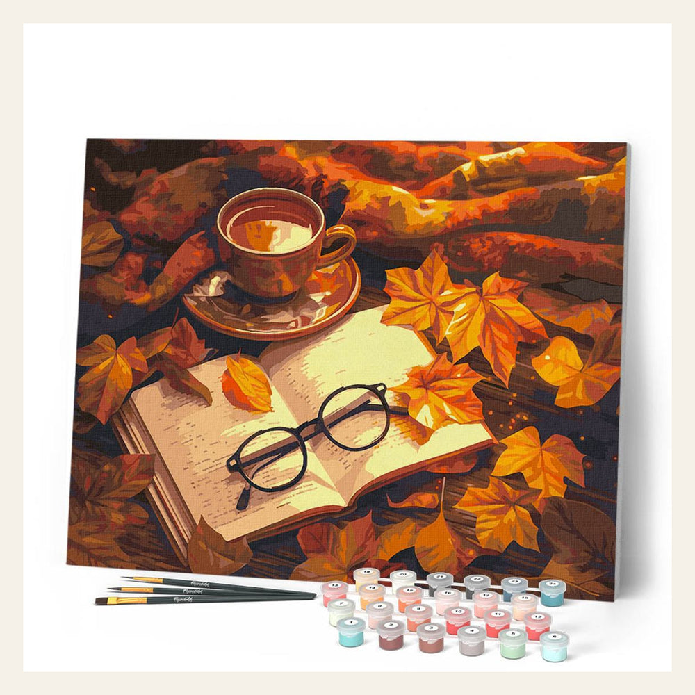 Fall Tea and Book finished paint by numbers artwork
