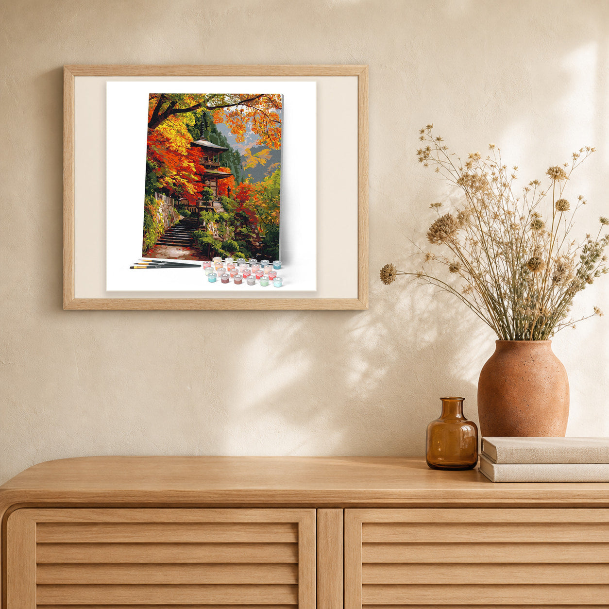 Japanese Pagoda in Fall artwork displayed in a warm interior