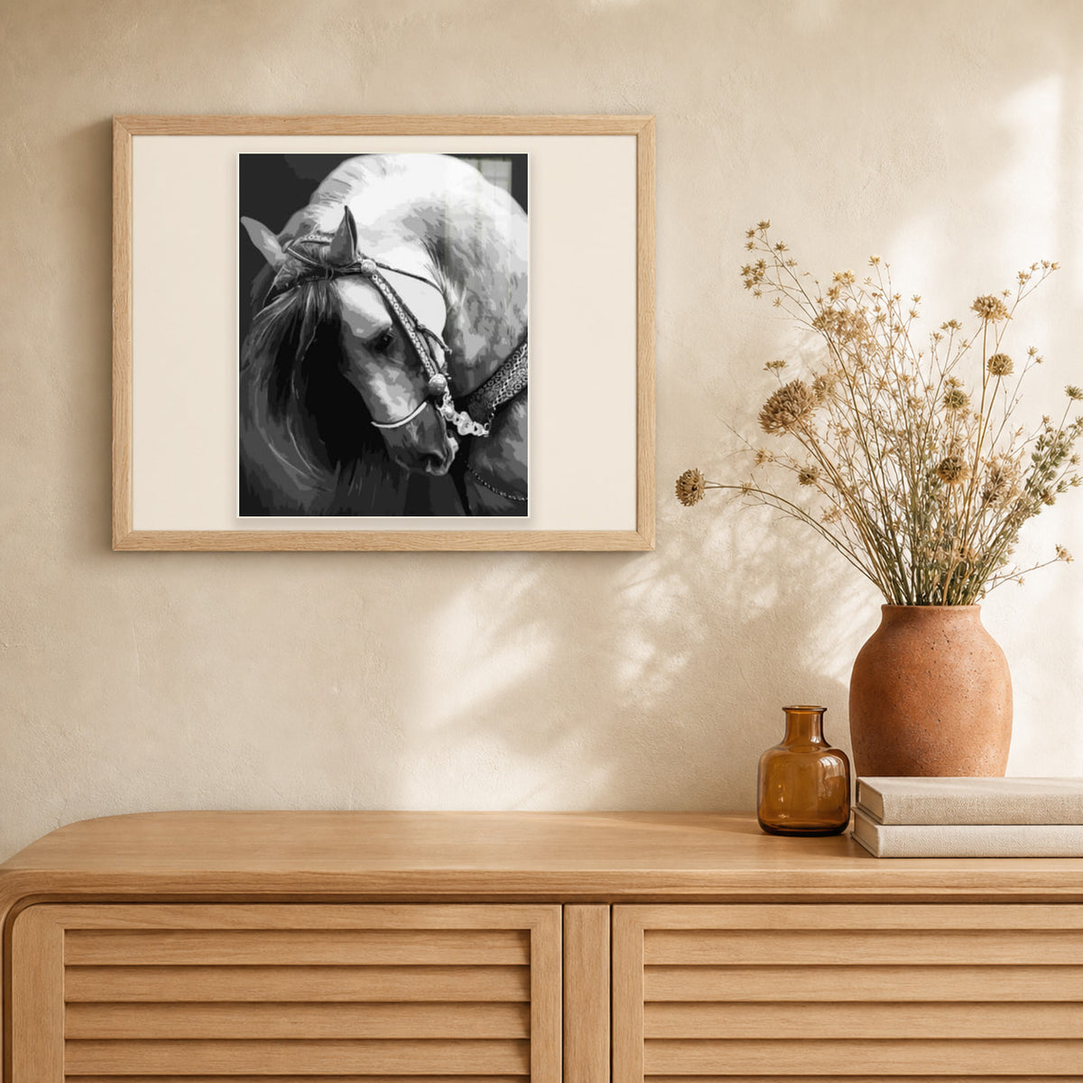 Horse Neck artwork displayed in a warm interior