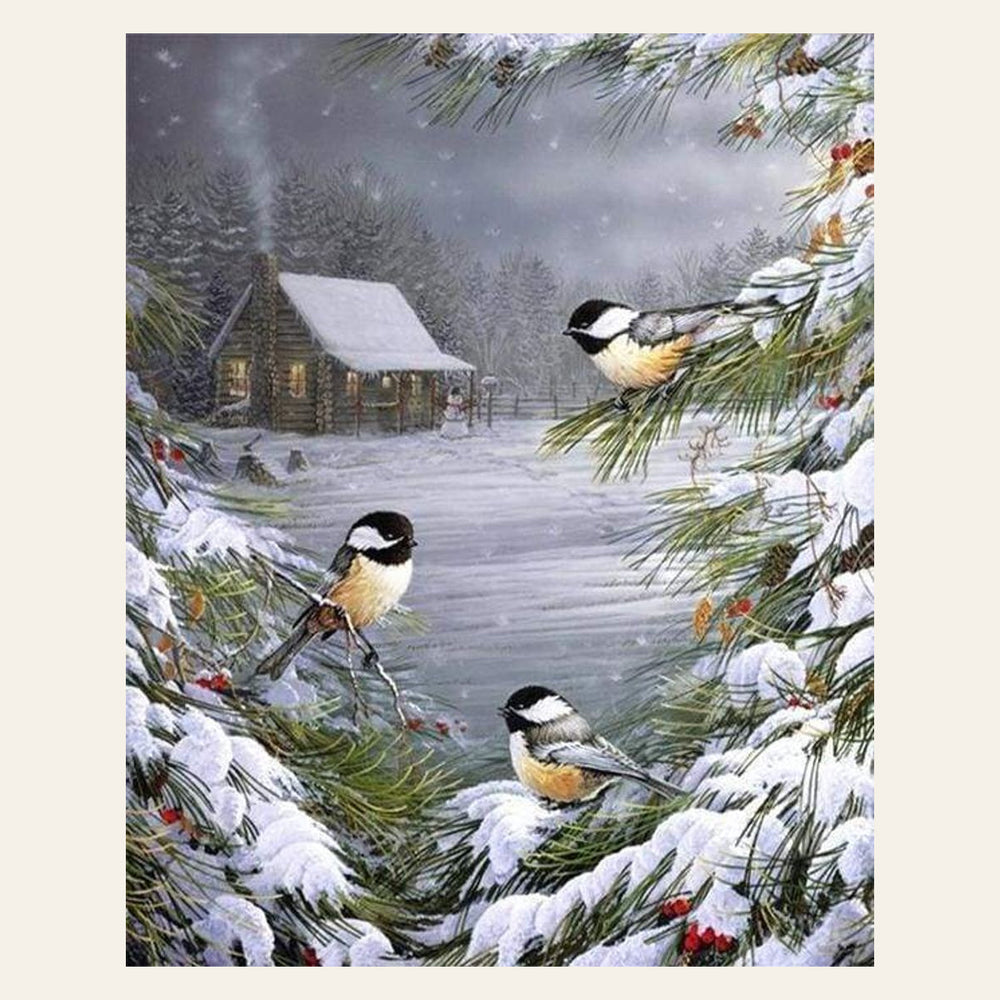 Three Birds in the Snow finished paint by numbers artwork