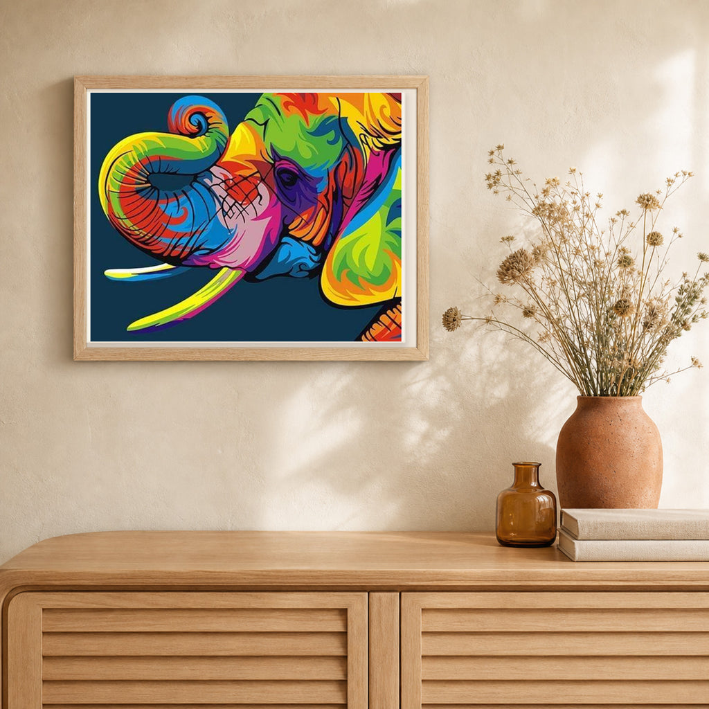 Elephant Pop Colors artwork displayed in a warm interior