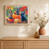Trio of Rabbits artwork displayed in a warm interior