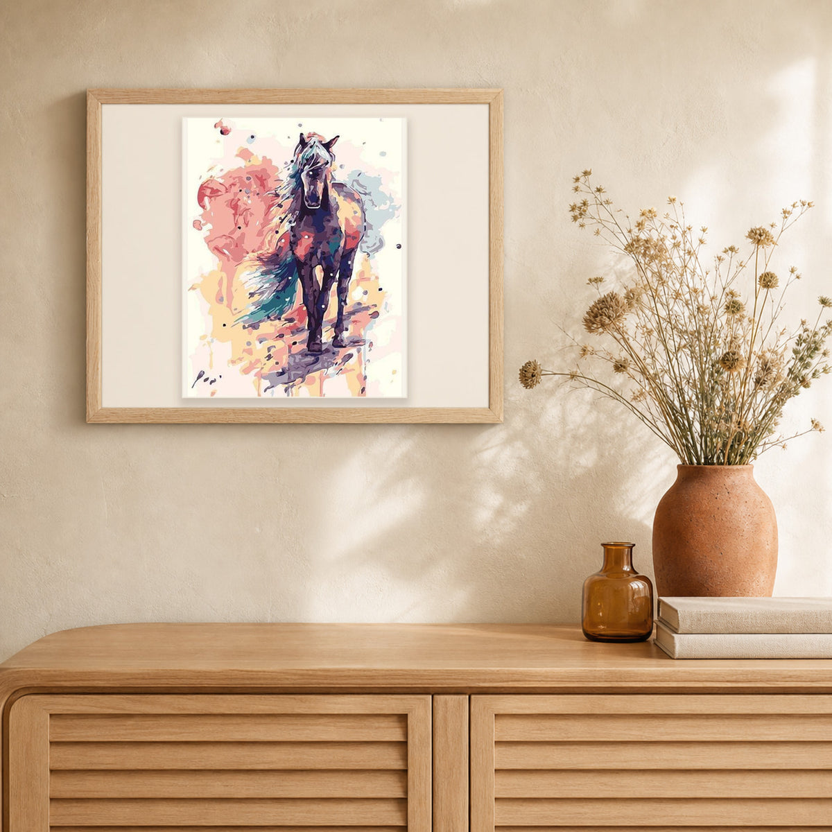 Painted Horse artwork displayed in a warm interior