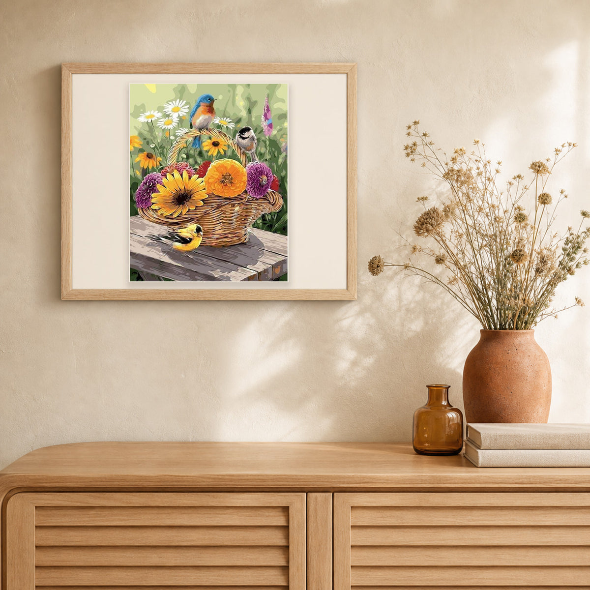 Flowers in a Basket and Birds artwork displayed in a warm interior