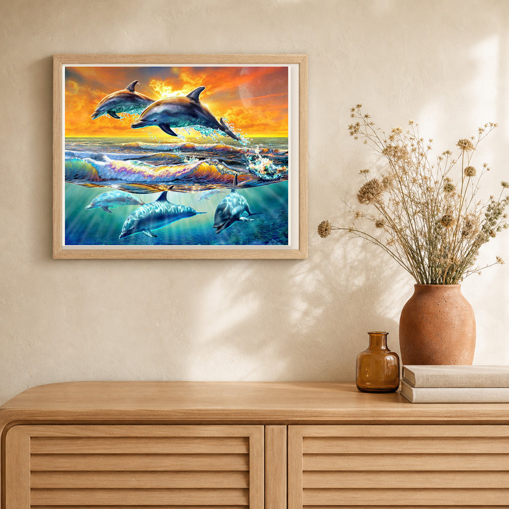 Dolphins artwork displayed in a warm interior