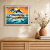 Dolphins artwork displayed in a warm interior