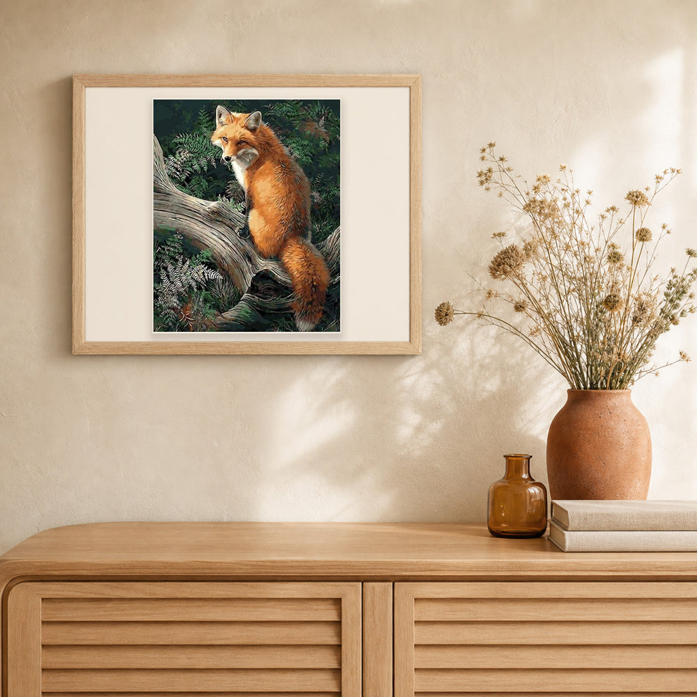 Fox in the Woods artwork displayed in a warm interior