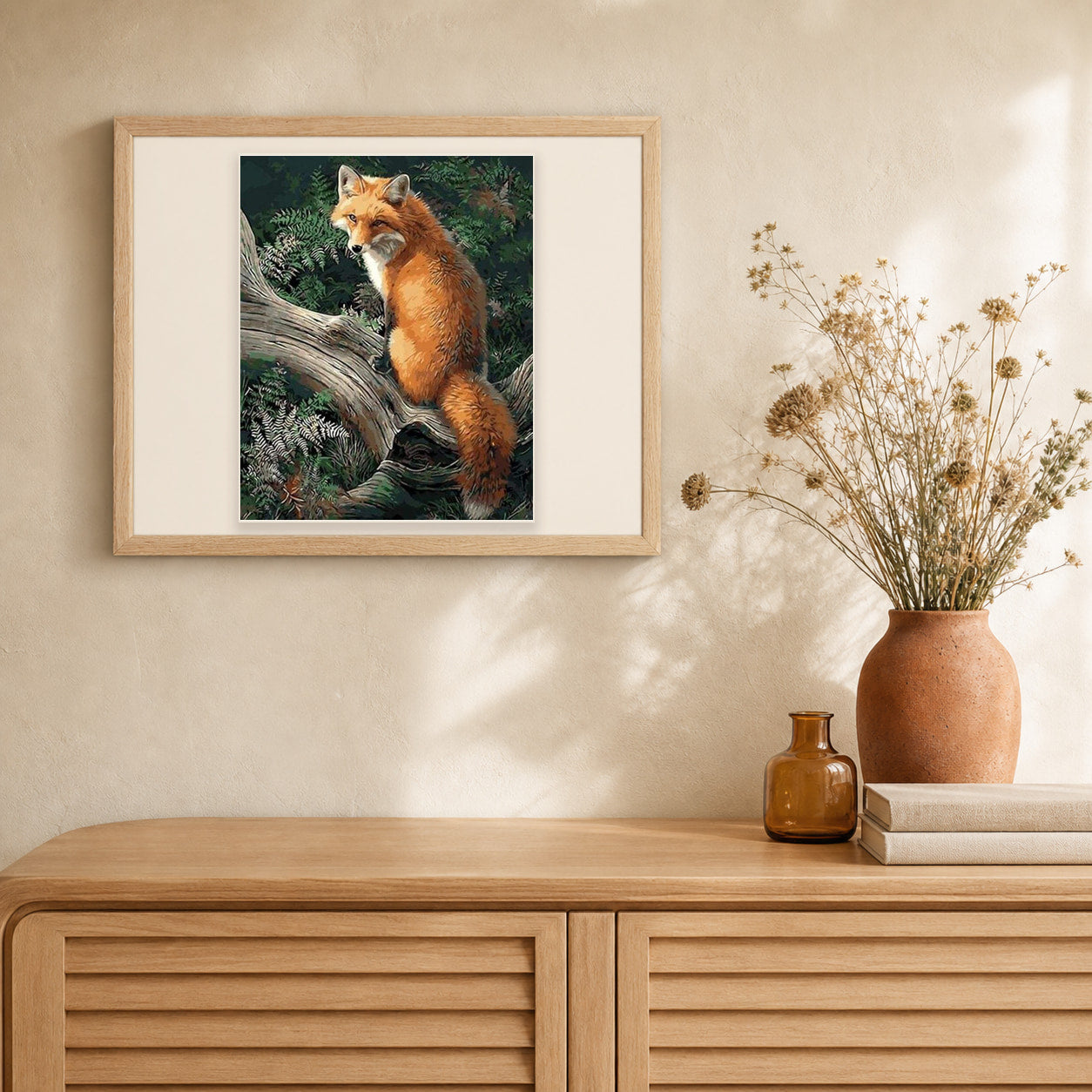 Fox in the Woods artwork displayed in a warm interior