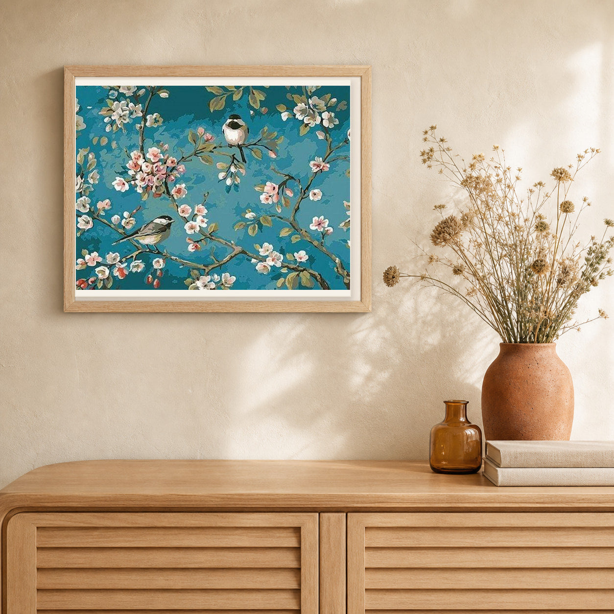 Flowers and Birds Watercolor artwork displayed in a warm interior