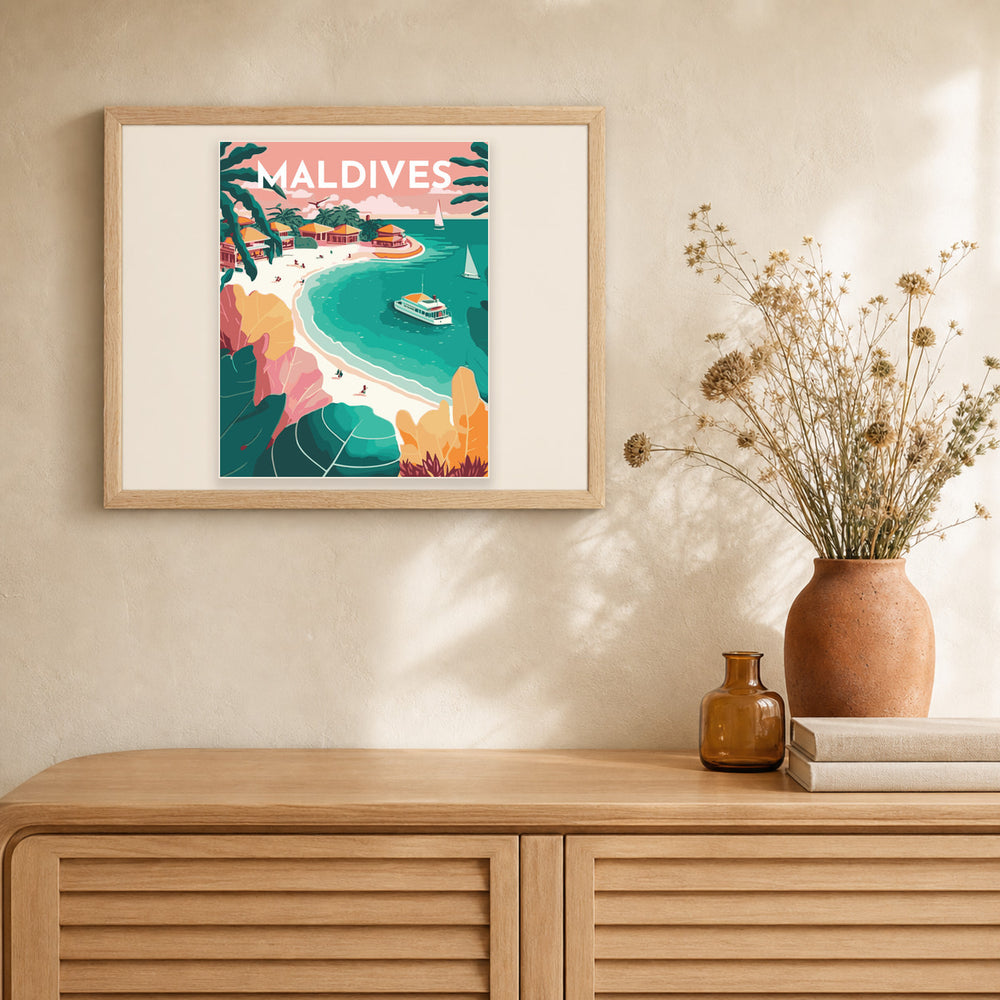 Travel Poster Maldives artwork displayed in a warm interior