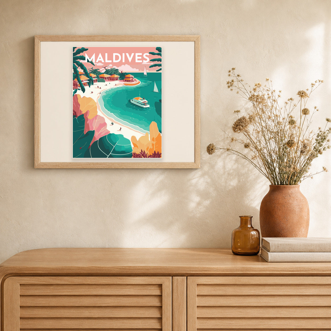 Travel Poster Maldives artwork displayed in a warm interior