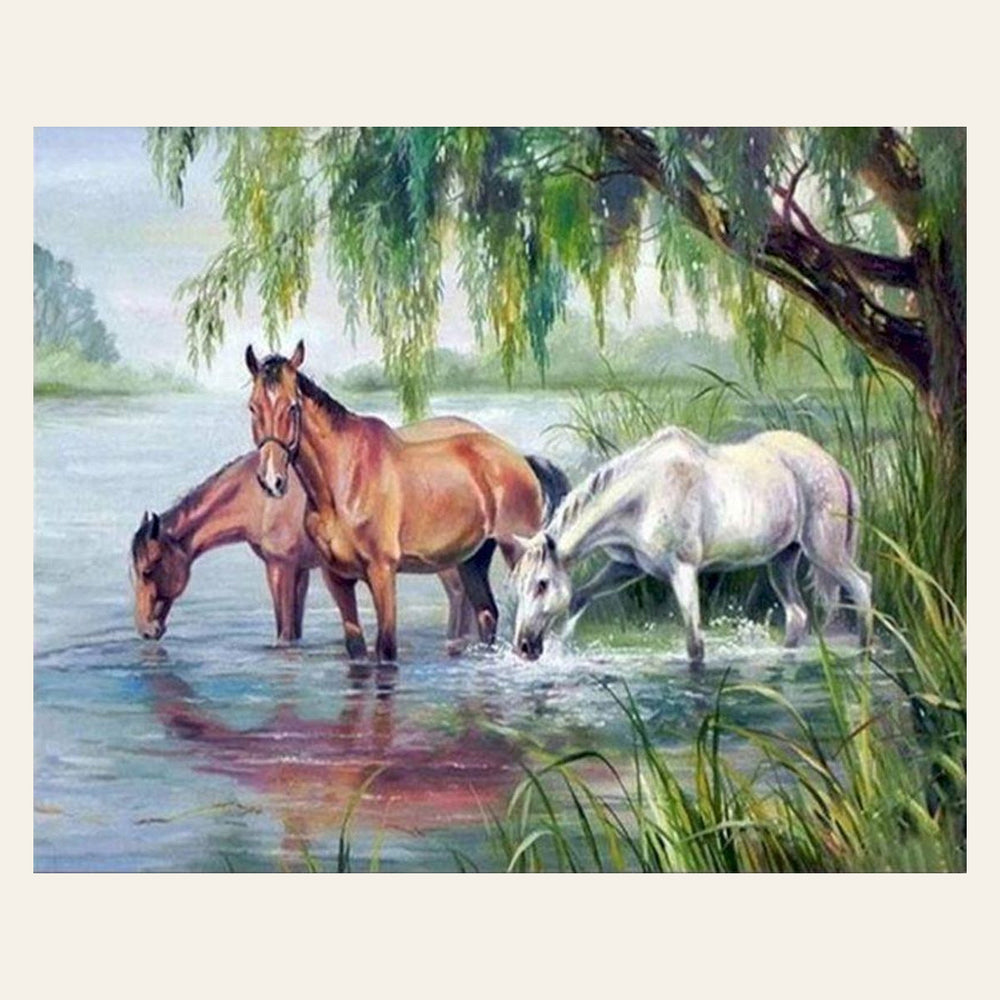 Three Horses near the lake finished paint by numbers artwork