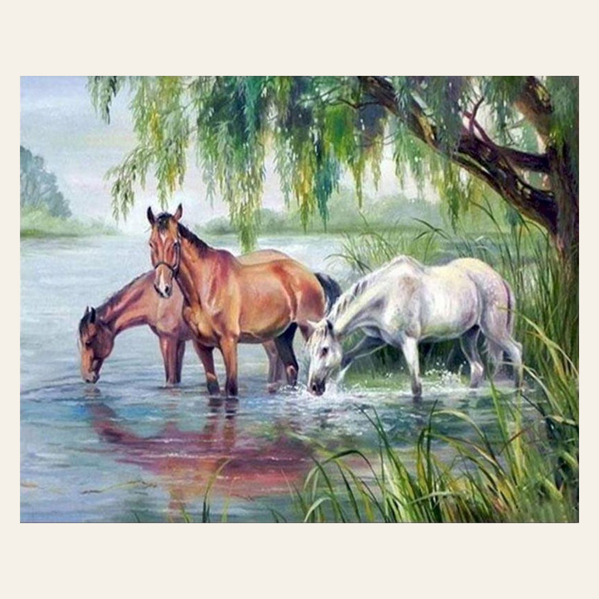 Three Horses near the lake finished paint by numbers artwork