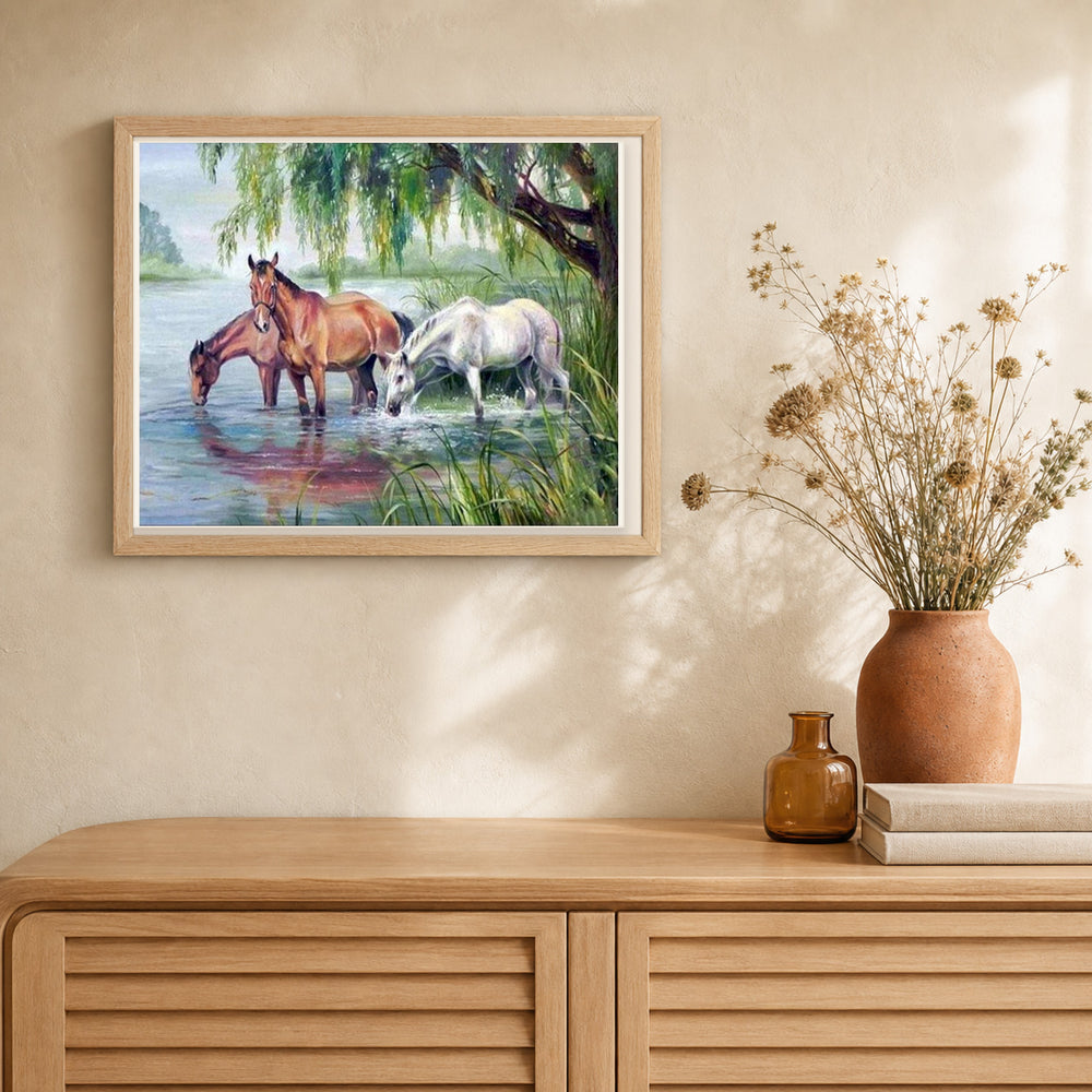 Three Horses near the lake artwork displayed in a warm interior