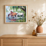 Three Horses near the lake artwork displayed in a warm interior