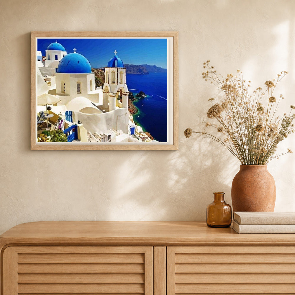 Santorini Blue White artwork displayed in a warm interior
