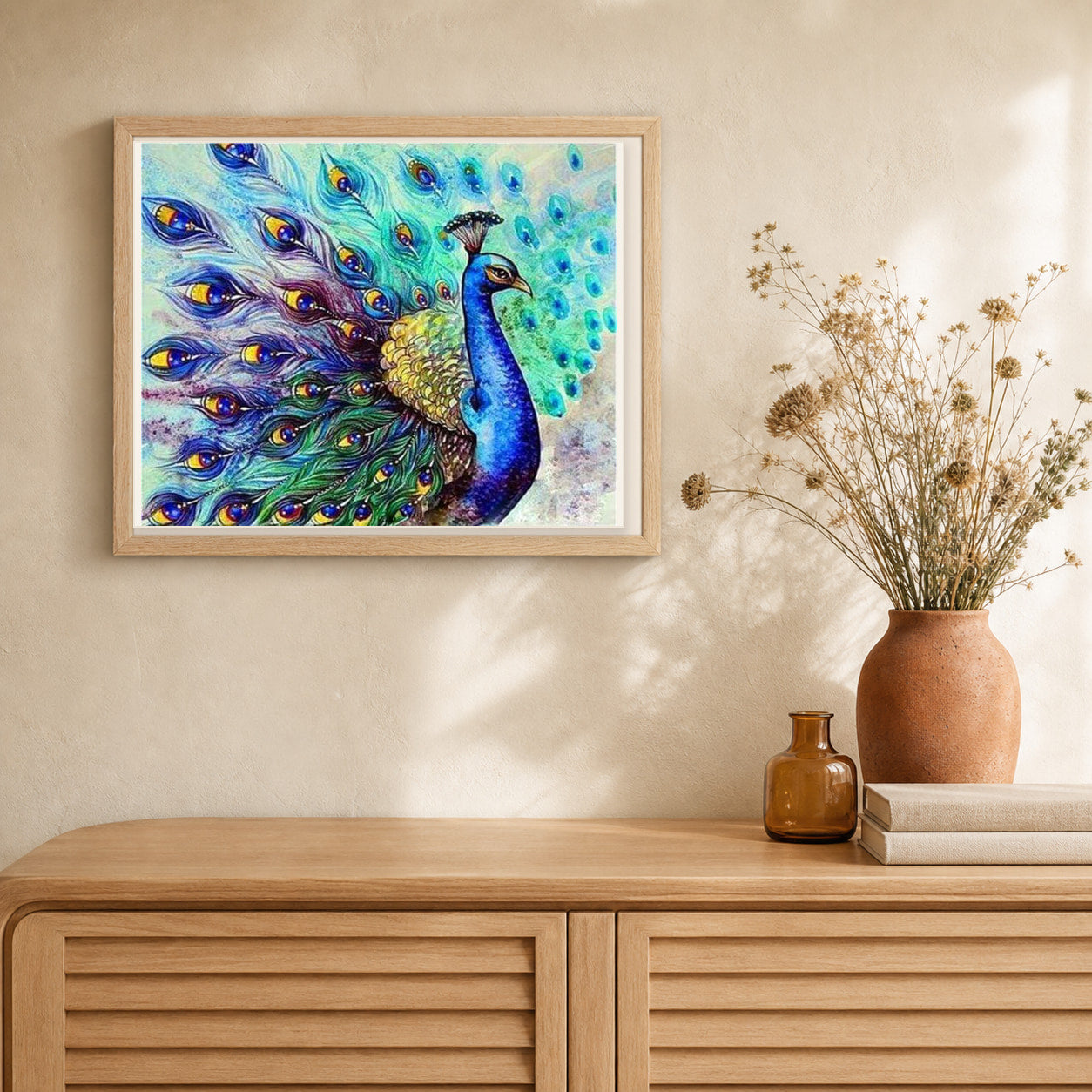 Colorful Peacock artwork displayed in a warm interior