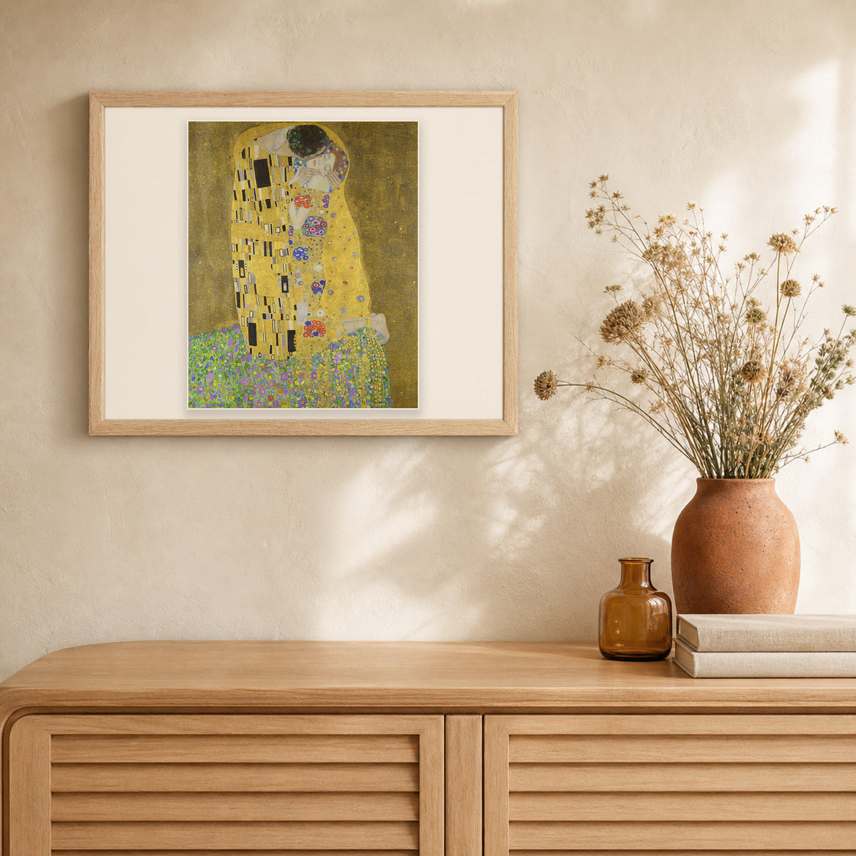 The Kiss - Gustav Klimt artwork displayed in a warm interior