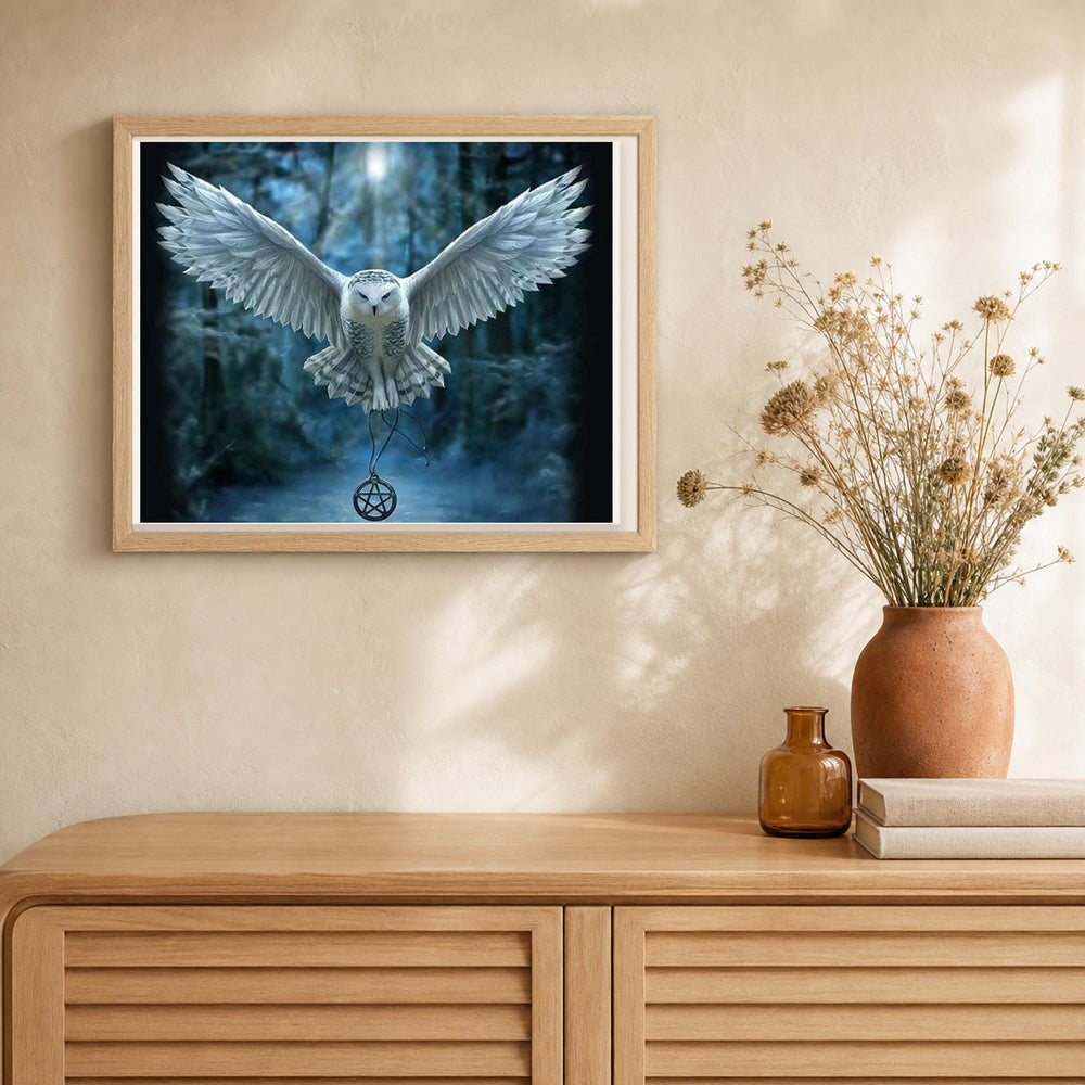 Owl and Cross Necklace artwork displayed in a warm interior