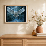 Owl and Cross Necklace artwork displayed in a warm interior
