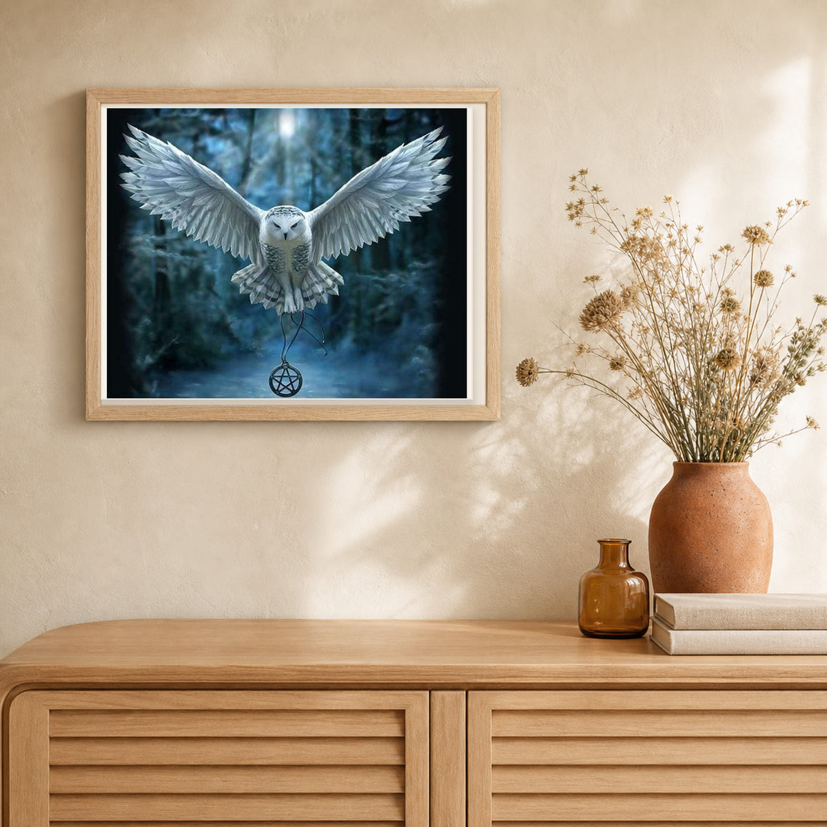 Owl and Cross Necklace artwork displayed in a warm interior