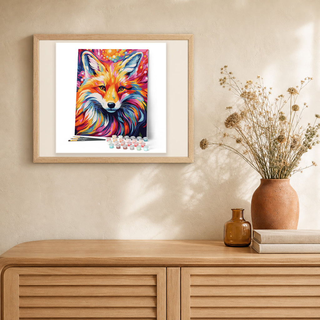 Colorful Abstract Fox artwork displayed in a warm interior