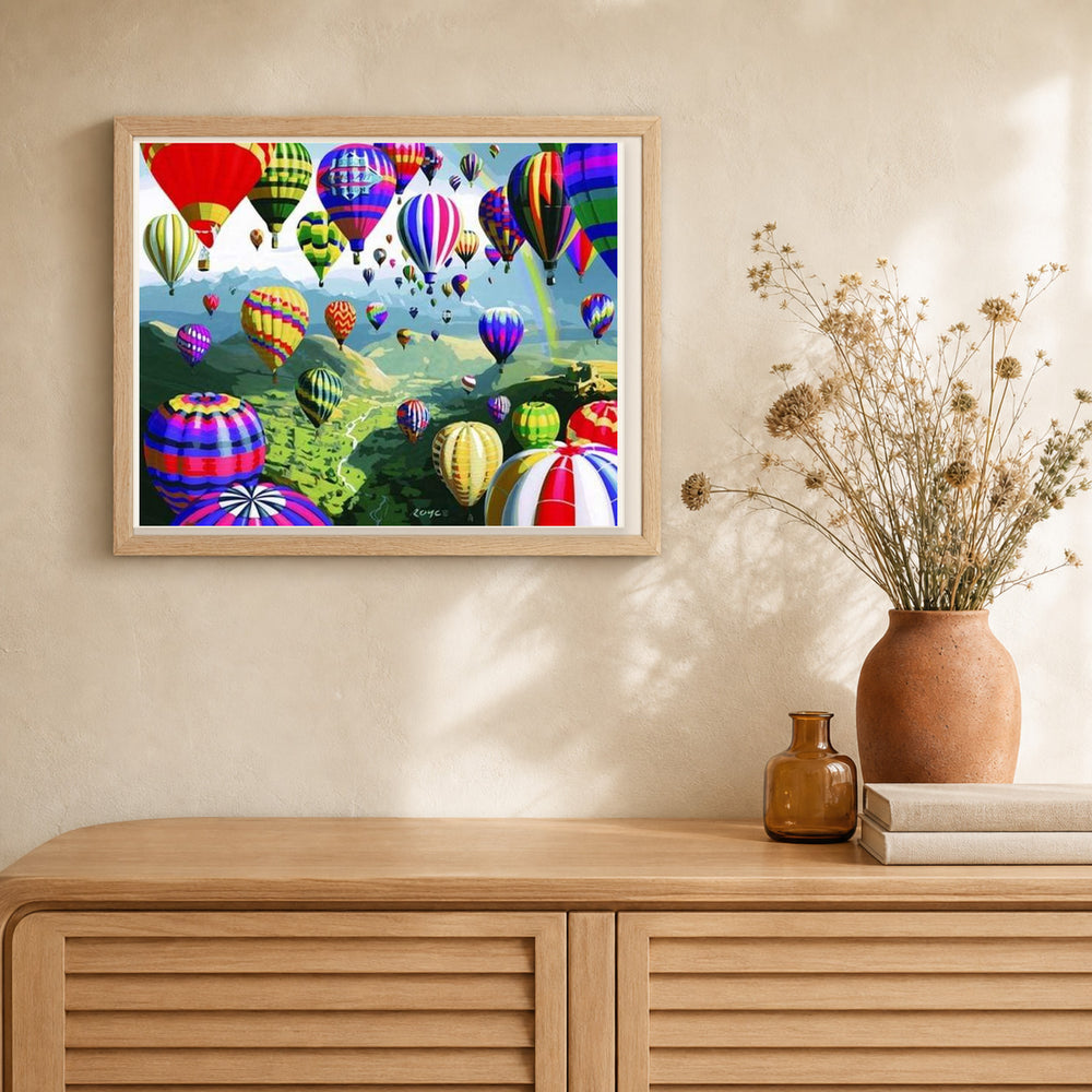 Hot Air Balloons artwork displayed in a warm interior