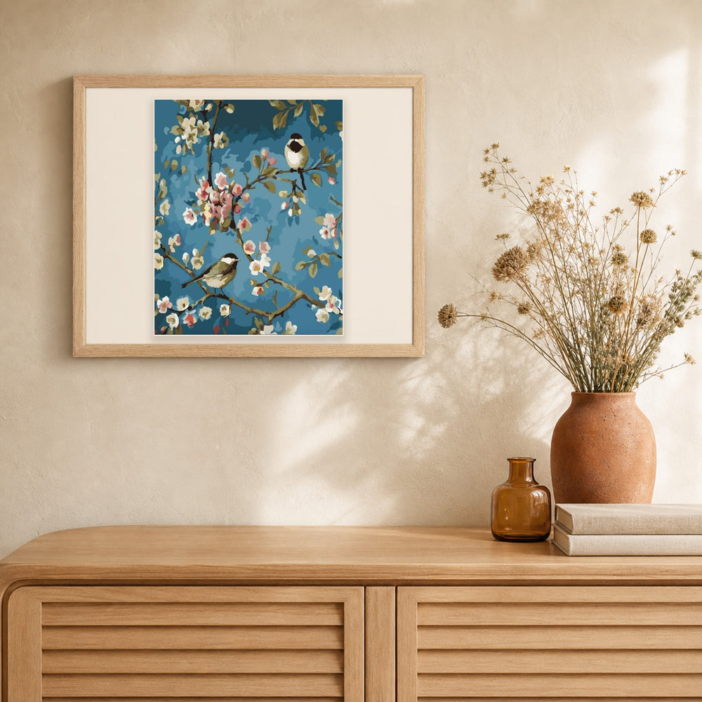 Flowers and Birds artwork displayed in a warm interior