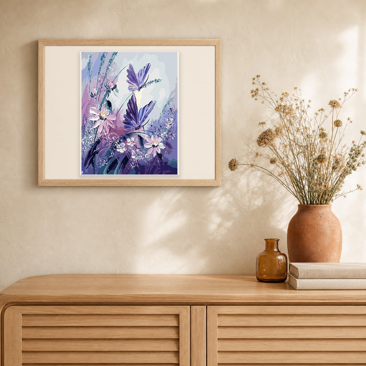 Flowers and Butterflies artwork displayed in a warm interior