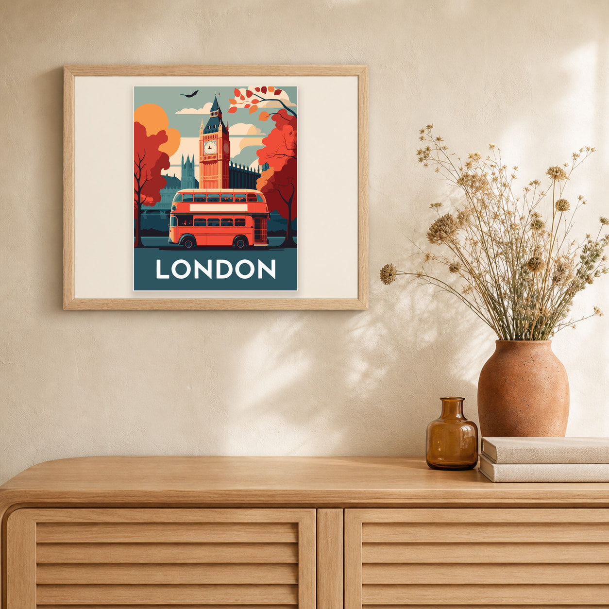 Travel Poster London artwork displayed in a warm interior