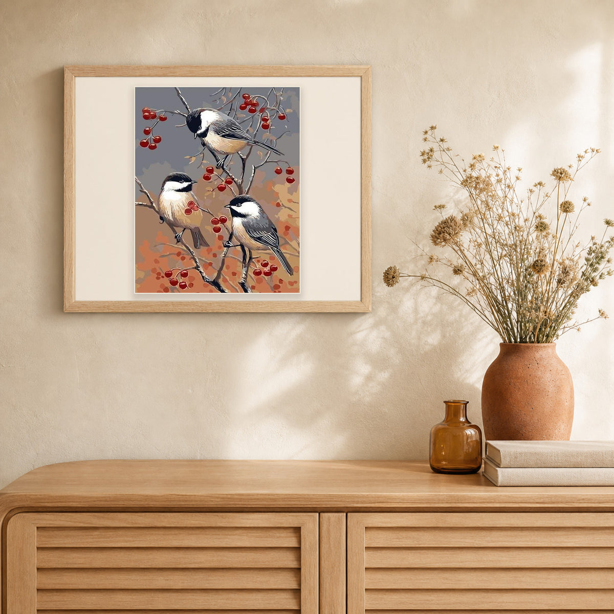 Birds and Fruit Tree artwork displayed in a warm interior