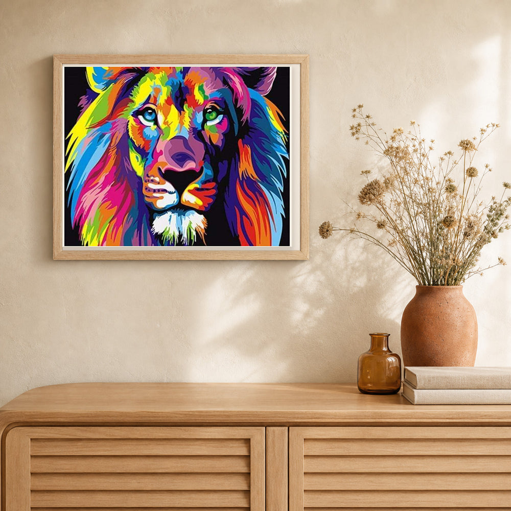 Lion Pop Art artwork displayed in a warm interior