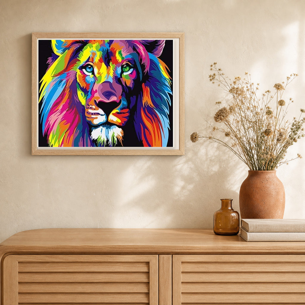 Lion Pop Art artwork displayed in a warm interior