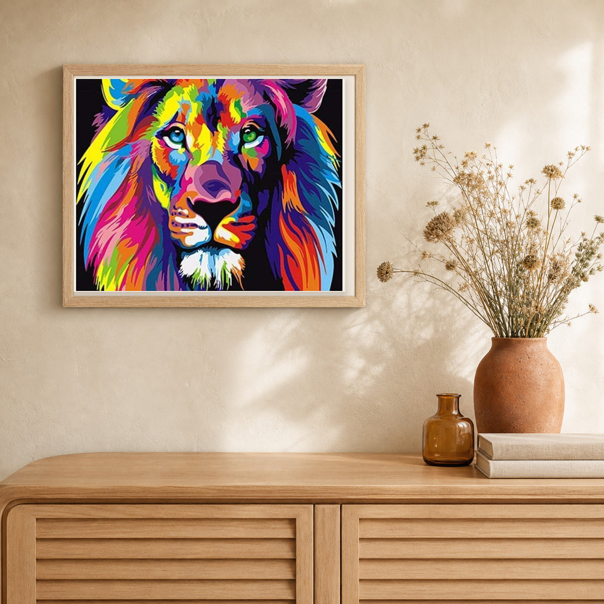 Lion Pop Art artwork displayed in a warm interior