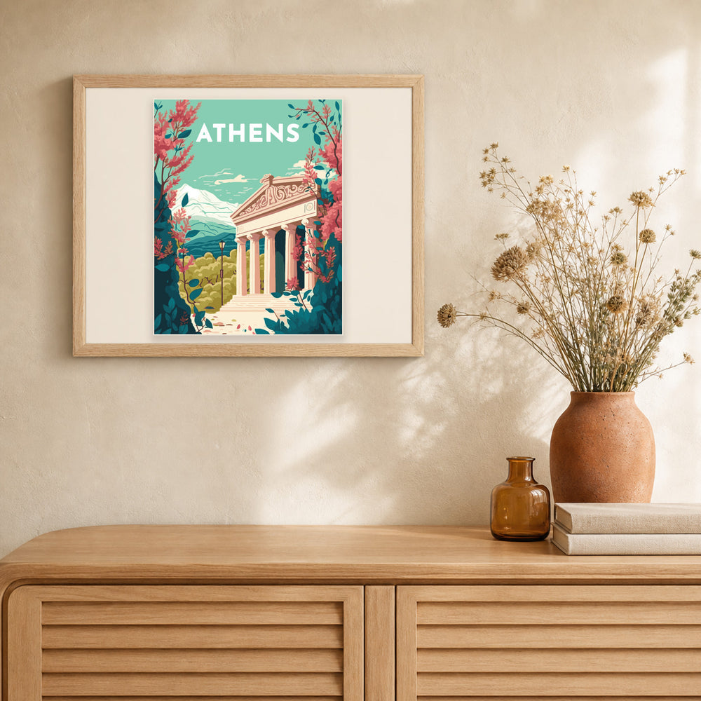 Travel Poster Athens artwork displayed in a warm interior
